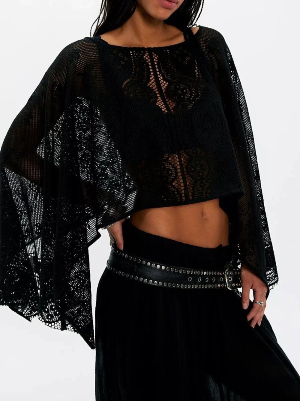 Free People Elsa Poncho Cropped Top Sheer Crochet Lace Draped Black OS 290717